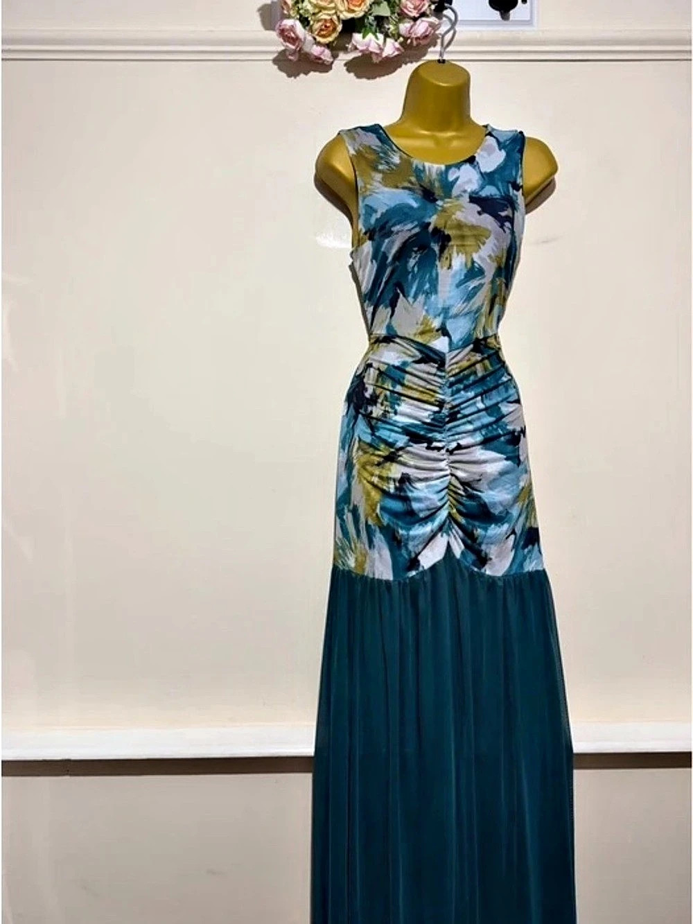 Abstract Ruched Maxi Dress in Blue & White Like New